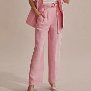 Country Road Linen Soft Wide Pants Womens 14 Pink Lightweight Belted Casual